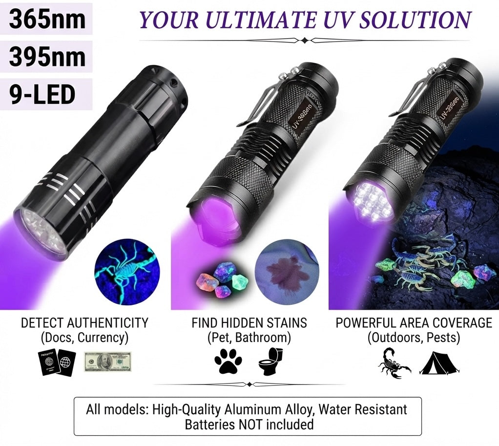 UV Flashlight – Zoomable LED Ultraviolet Black Light Torch for Pet Urine, Stain Detection, Currency Verification & Inspection (AA Powered)