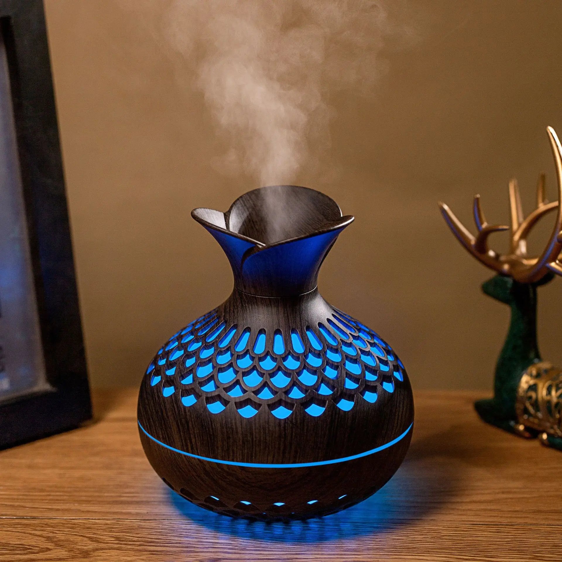Wood Grain Ultrasonic Humidifier – USB Aroma Diffuser with Colorful Gradient Lights, Silent Operation