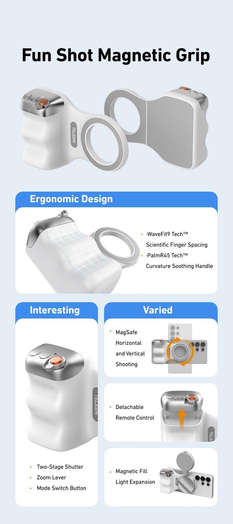 Magnetic Phone Grip with Remote Shutter & Fill Light for iPhone/Android