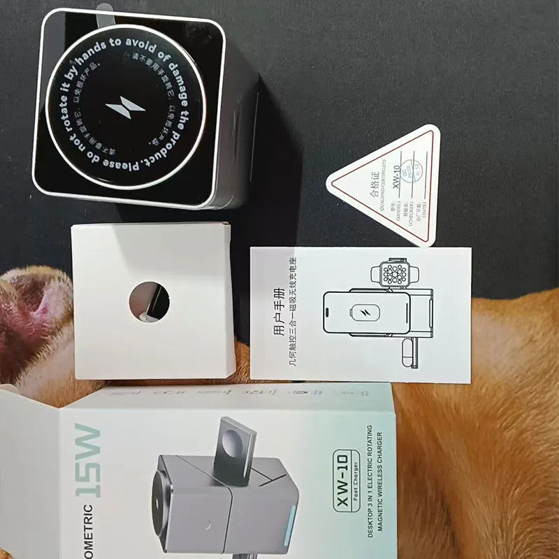 3-in-1 Magnetic Wireless Charging Cube: Foldable 15W Fast Charger Dock