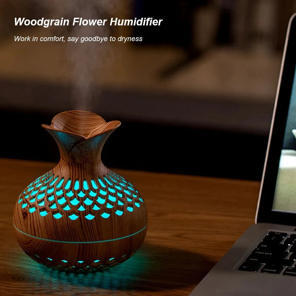 Wood Grain Ultrasonic Humidifier – USB Aroma Diffuser with Colorful Gradient Lights, Silent Operation