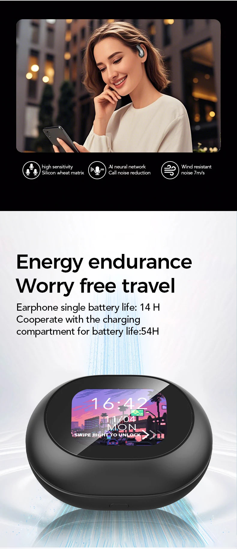 AI Translation Earbuds with Touchscreen & Bluetooth 5.4