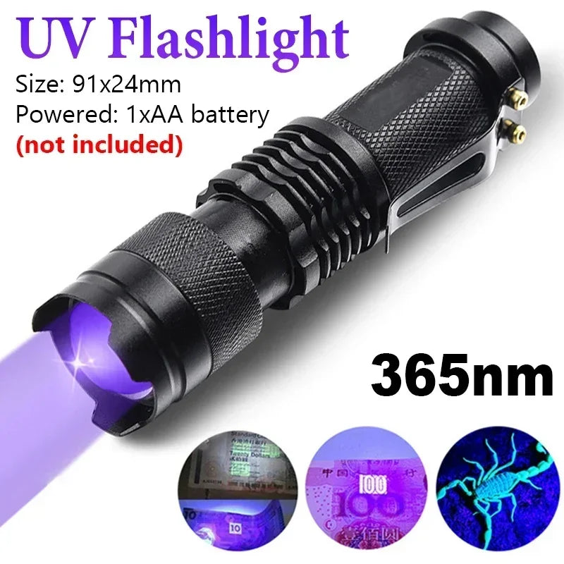 UV Flashlight – Zoomable LED Ultraviolet Black Light Torch for Pet Urine, Stain Detection, Currency Verification & Inspection (AA Powered)