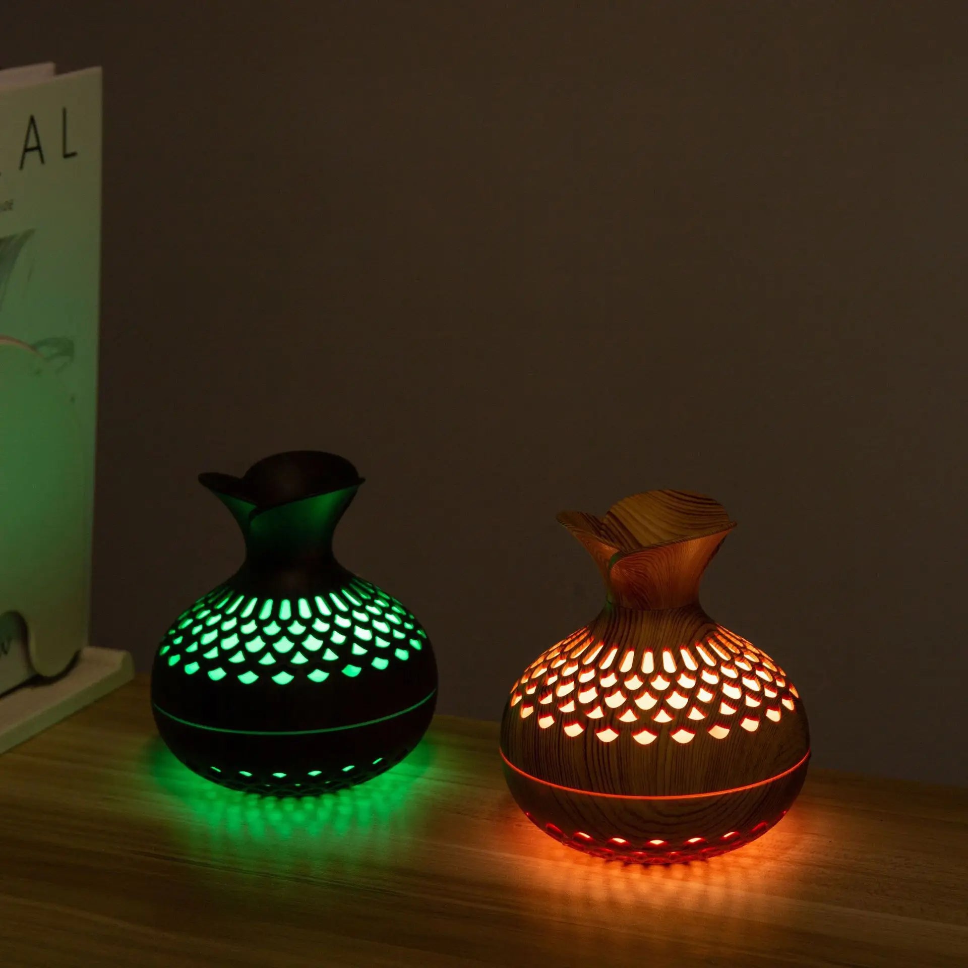 Wood Grain Ultrasonic Humidifier – USB Aroma Diffuser with Colorful Gradient Lights, Silent Operation