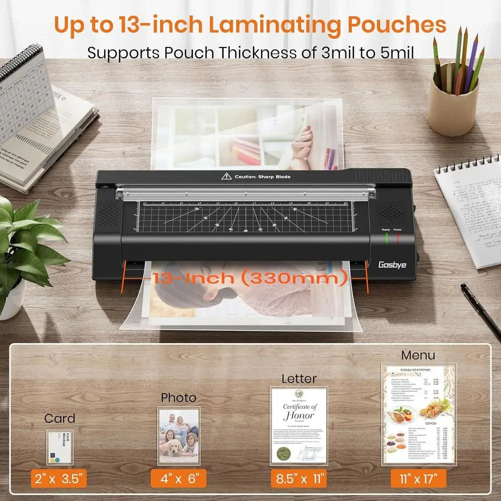 13-Inch Thermal Laminator with Built-in Steel Paper Cutter & Rounder – Includes 13 Laminating Pouches, Jam Release, Hot/Cold Modes