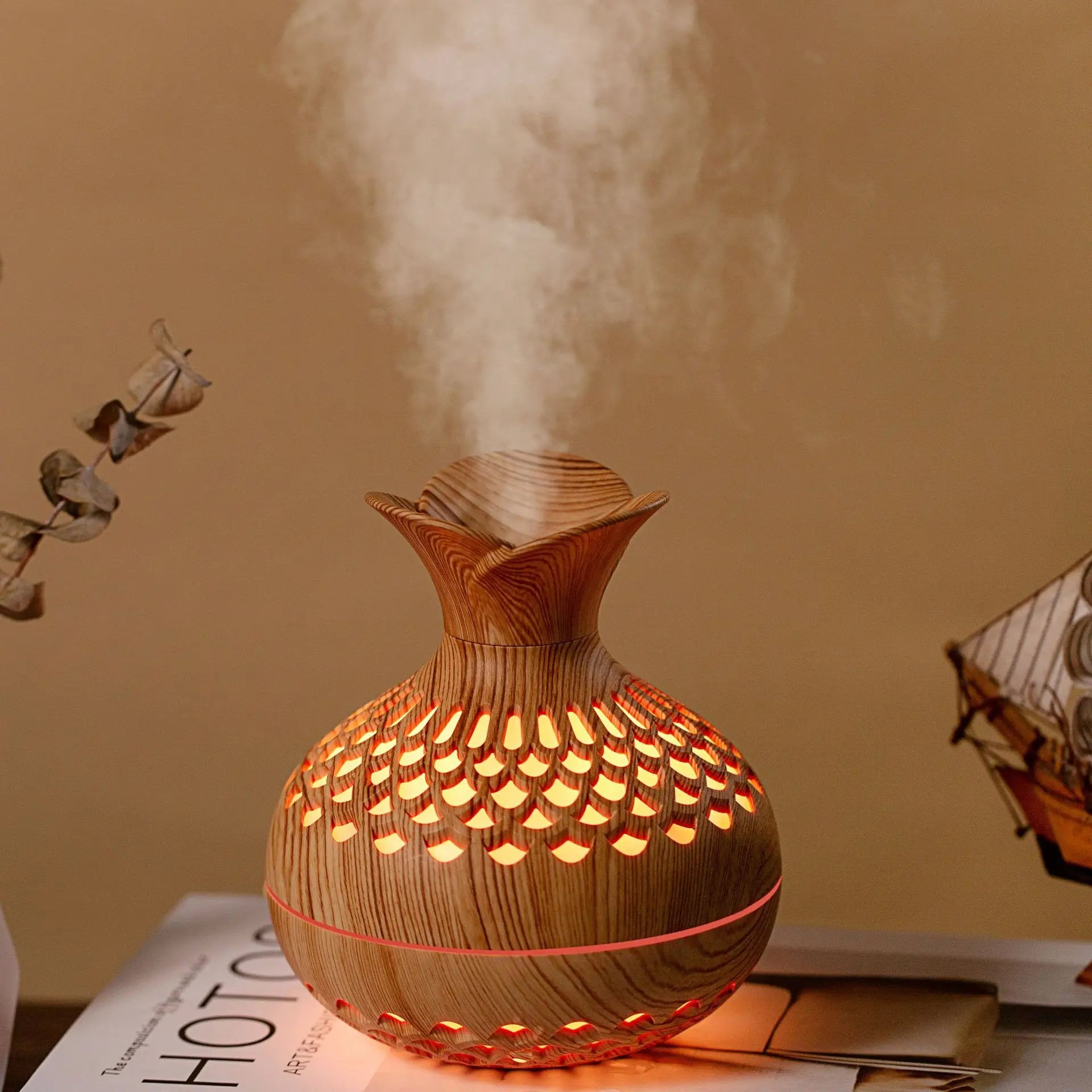 Wood Grain Ultrasonic Humidifier – USB Aroma Diffuser with Colorful Gradient Lights, Silent Operation