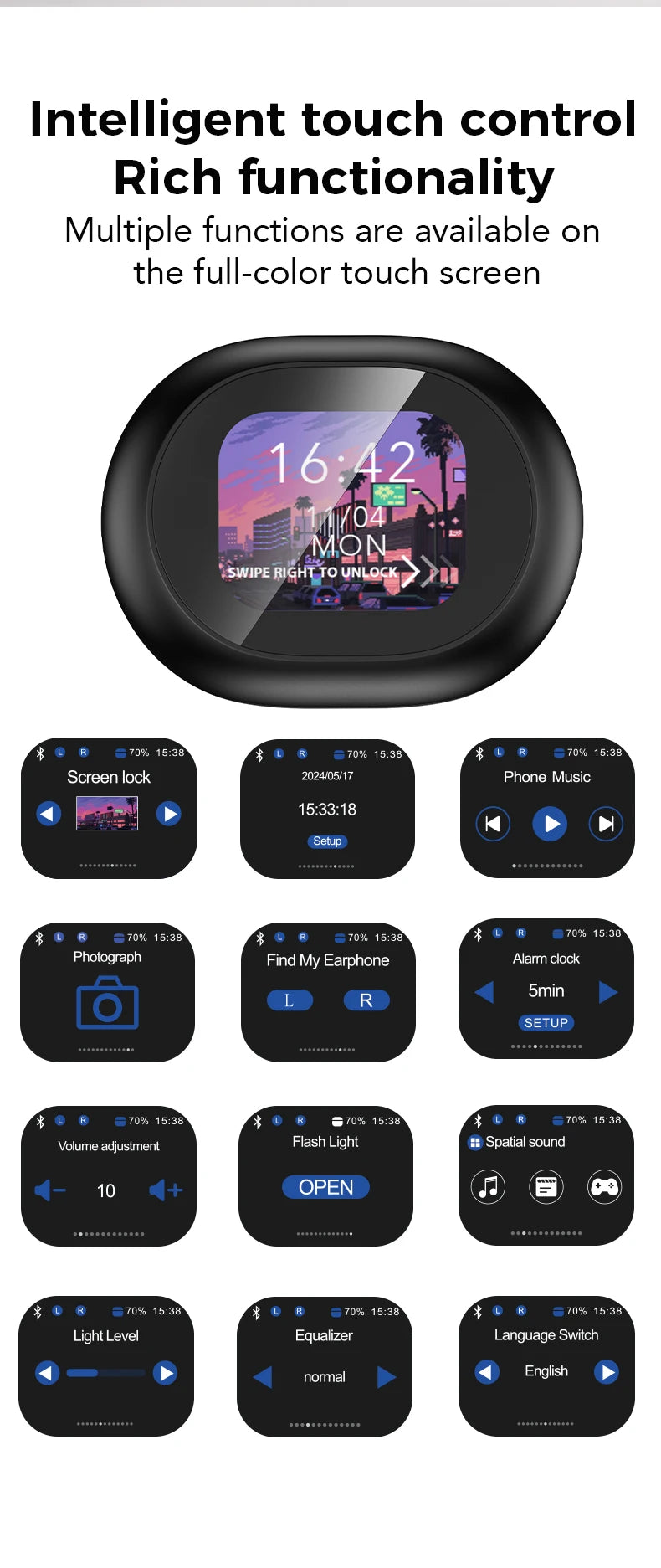 AI Translation Earbuds with Touchscreen & Bluetooth 5.4