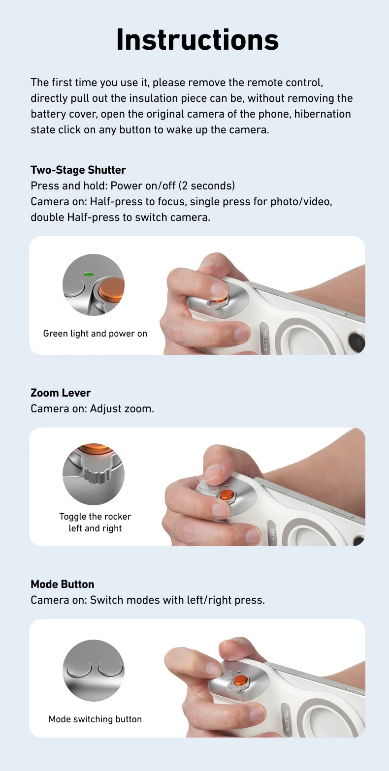 Magnetic Phone Grip with Remote Shutter & Fill Light for iPhone/Android