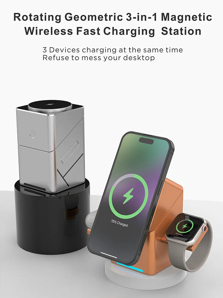 3-in-1 Magnetic Wireless Charging Cube: Foldable 15W Fast Charger Dock