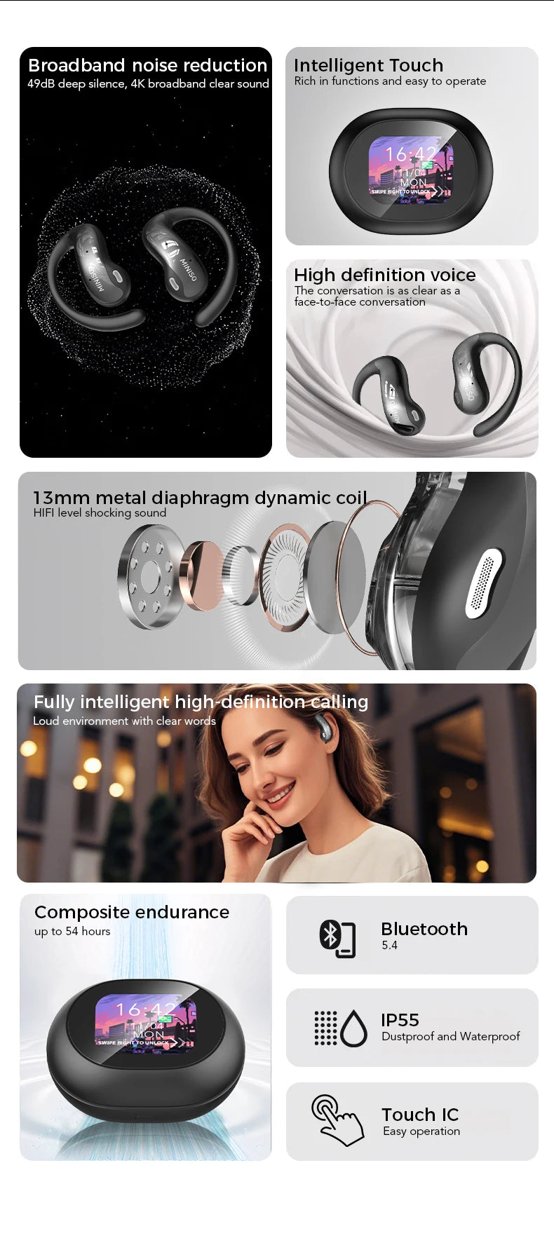 AI Translation Earbuds with Touchscreen & Bluetooth 5.4