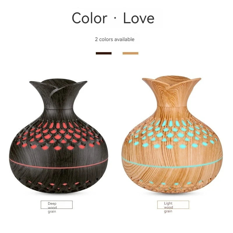 Wood Grain Ultrasonic Humidifier – USB Aroma Diffuser with Colorful Gradient Lights, Silent Operation