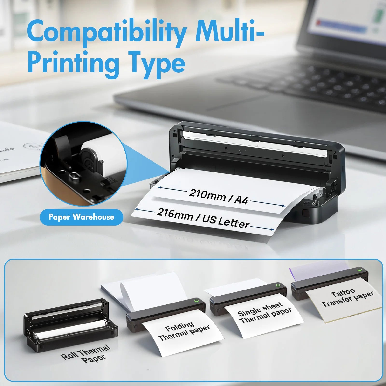 U8 Portable Wireless Thermal Printer – Inkless A4 Label Maker, Bluetooth/USB Compatible with Android/iOS Laptop, Supports A4/A5/B5/US Letter