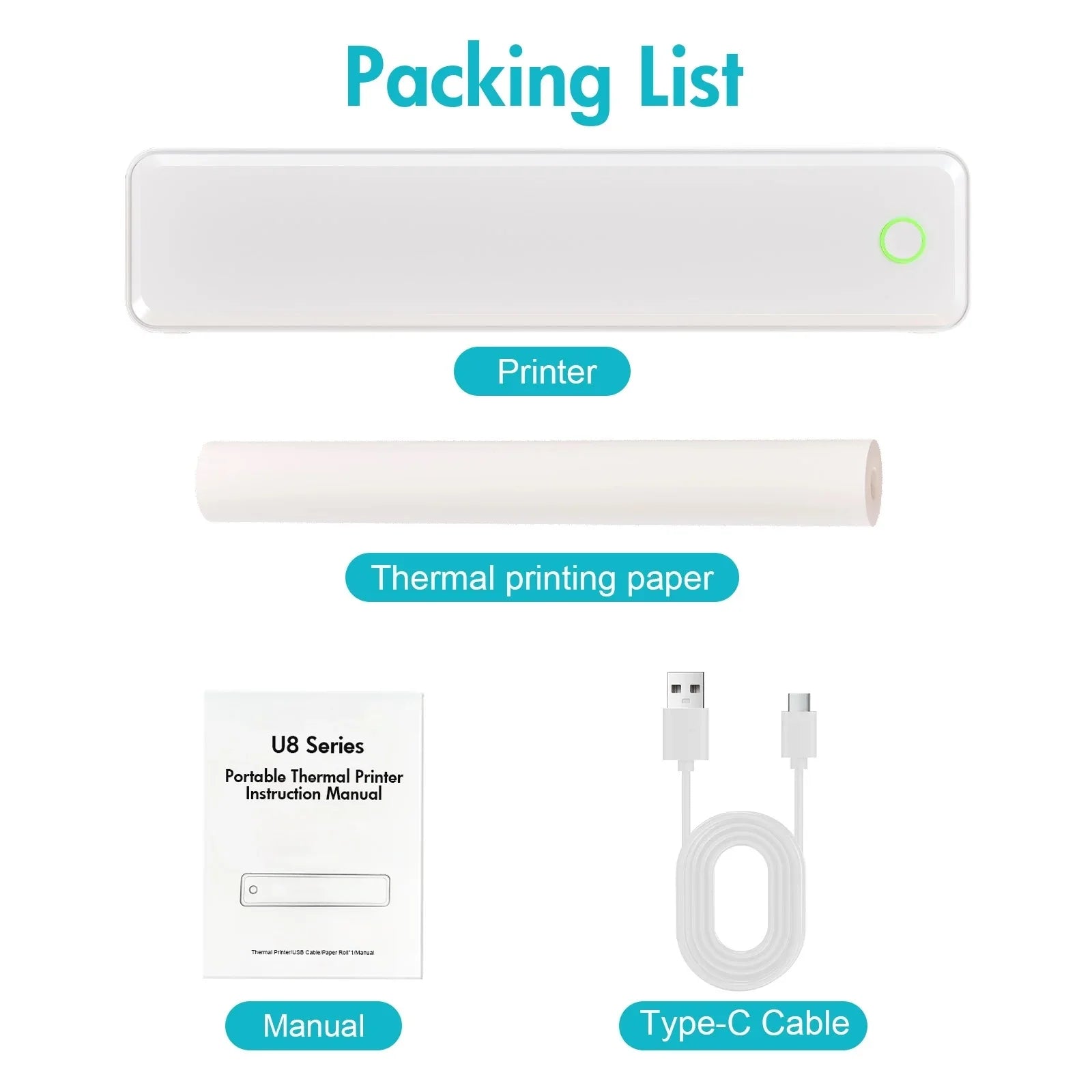 U8 Portable Wireless Thermal Printer – Inkless A4 Label Maker, Bluetooth/USB Compatible with Android/iOS Laptop, Supports A4/A5/B5/US Letter