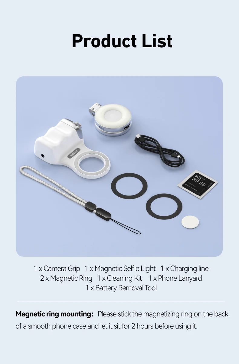 Magnetic Phone Grip with Remote Shutter & Fill Light for iPhone/Android