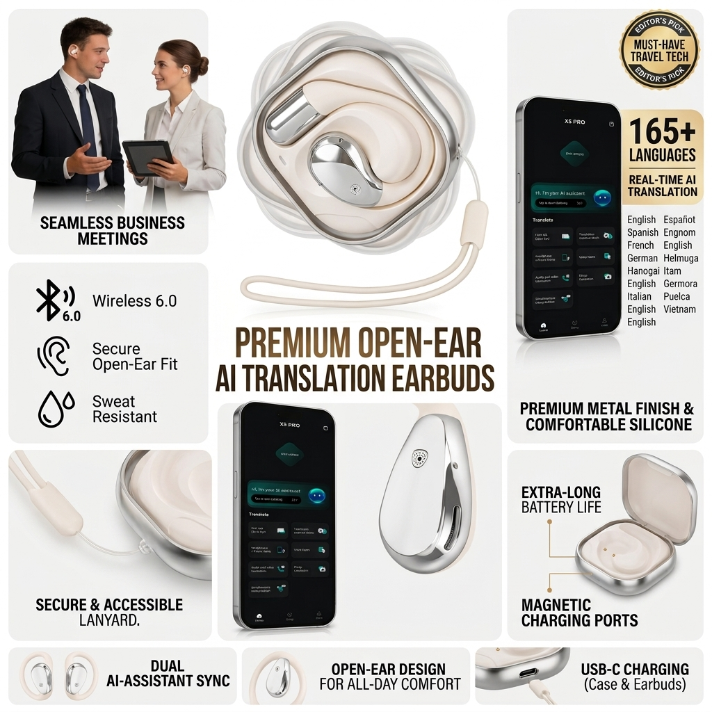 Open-Ear AI Translation Earbuds – 165-Language Real-Time Translator with 9 Smart Modes, ENC Noise Reduction, Wireless 6.0, 360° Rotating Charging Case & Lanyard for Travel, Meetings & Language Learning (Beige/Black)