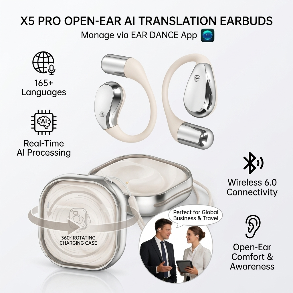 Open-Ear AI Translation Earbuds – 165-Language Real-Time Translator with 9 Smart Modes, ENC Noise Reduction, Wireless 6.0, 360° Rotating Charging Case & Lanyard for Travel, Meetings & Language Learning (Beige/Black)
